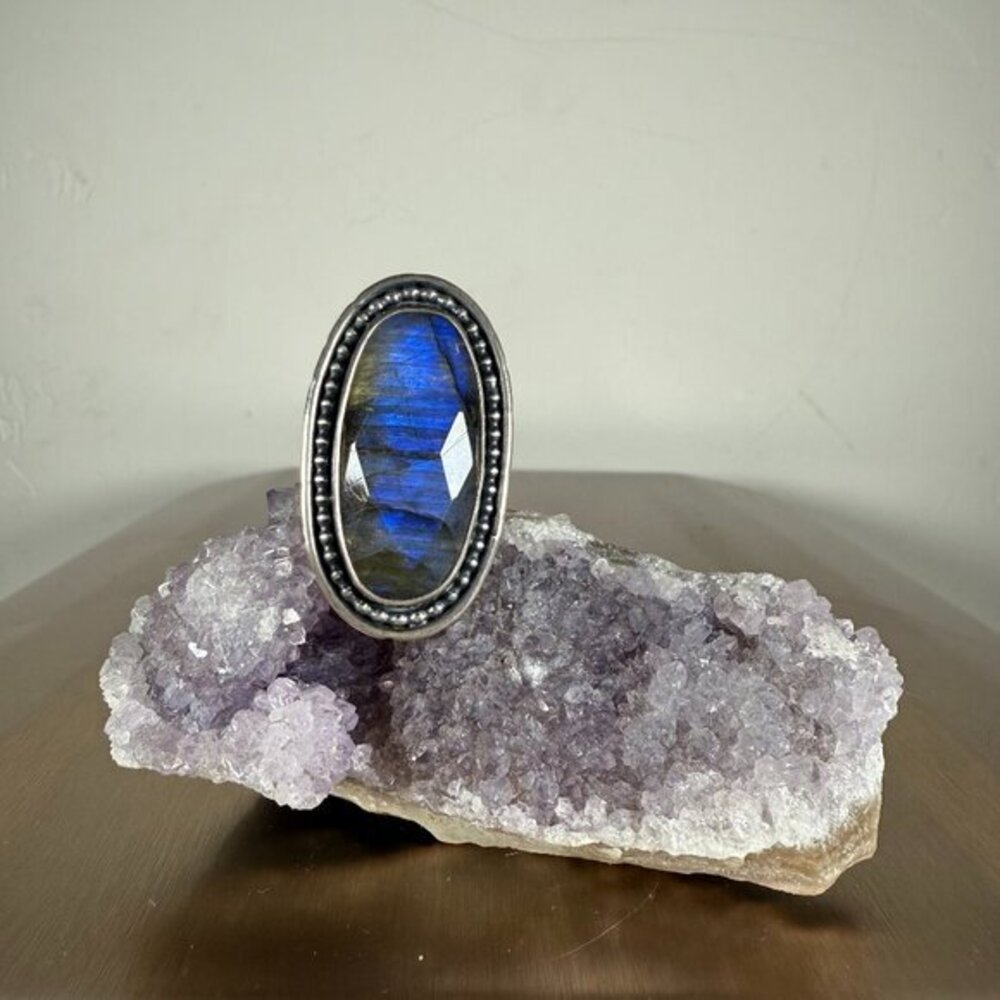 Sterling Silver Ring Faceted Gray Labradorite Oval Gemstone Jewelry Size 8.5